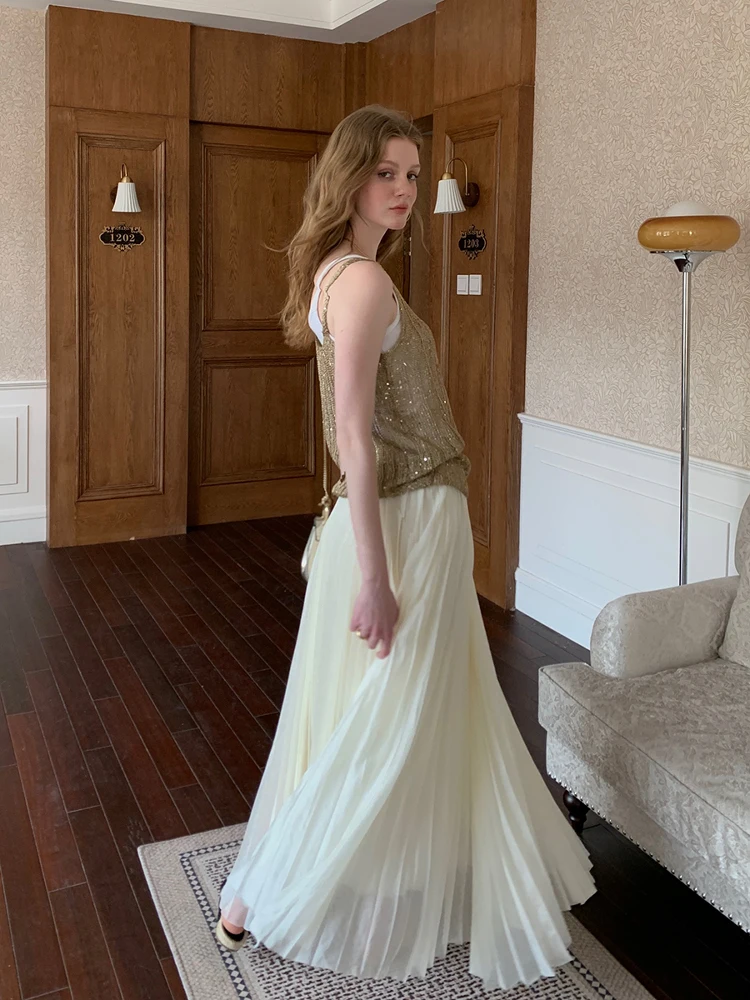 

DeeSicile Long A-Line Skirt in Soft Beige Mist Layered Folded Design f-length Women's Skirt Ele And Drifting