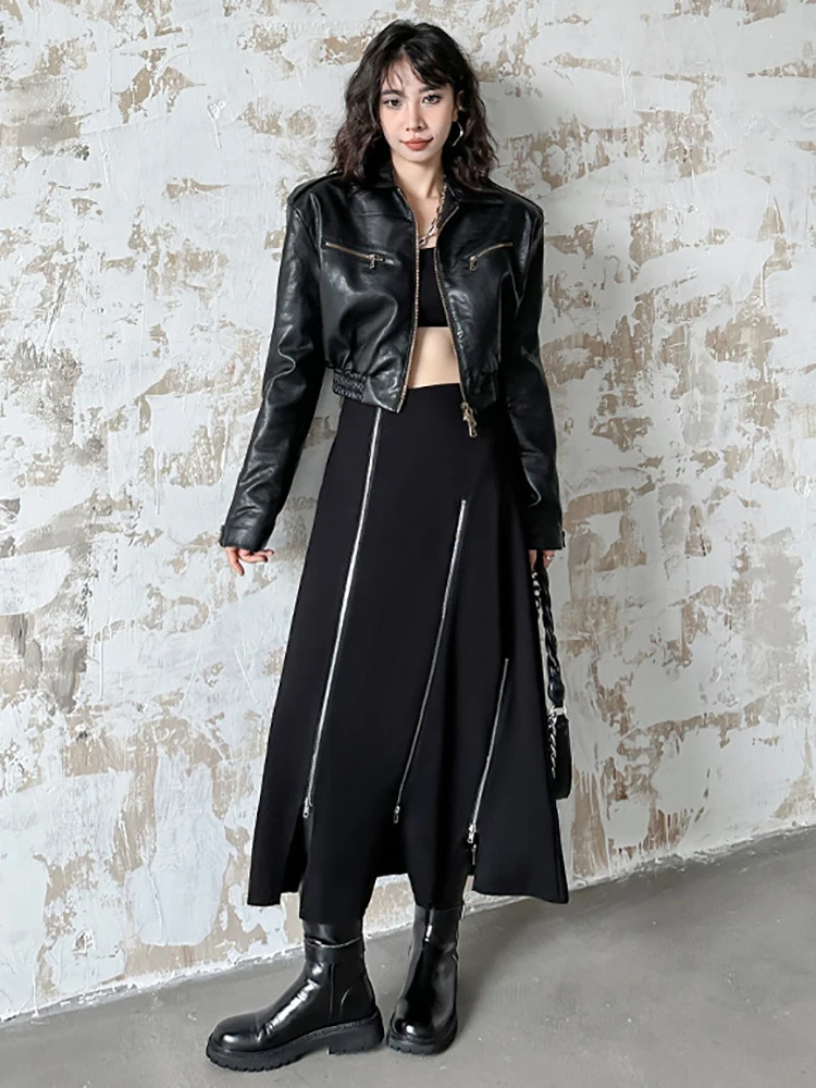 [EAM] High Elastic Waist Black Zipper Splited A-line Half-body Skirt Loose Women Fashion Tide New Spring Autumn 2024 1DH4445