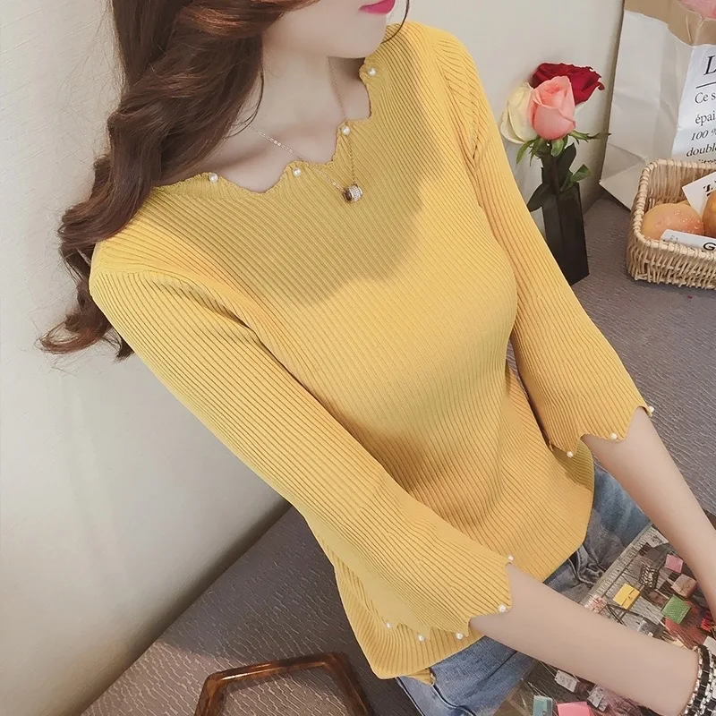 2024 Autumn New Korean Style Bead Slim-fitting Versatile Knitted Pullover Short Flared Medium-sleeved Thin Women's Top