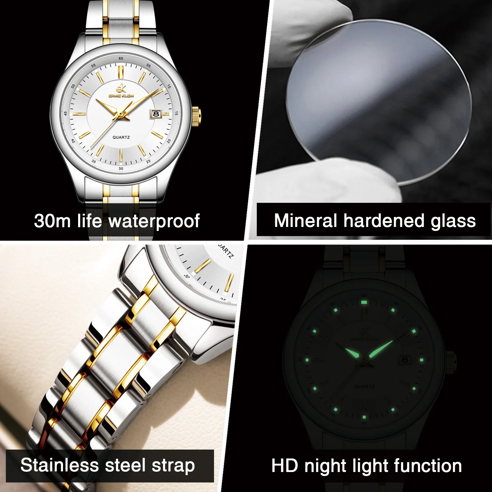 ERNIE KLEIN Elegant Fashion Women\'s Watch Diamond Roman Dial Original Quartz Watch for Girl Waterproof Stainless Steel Luminous