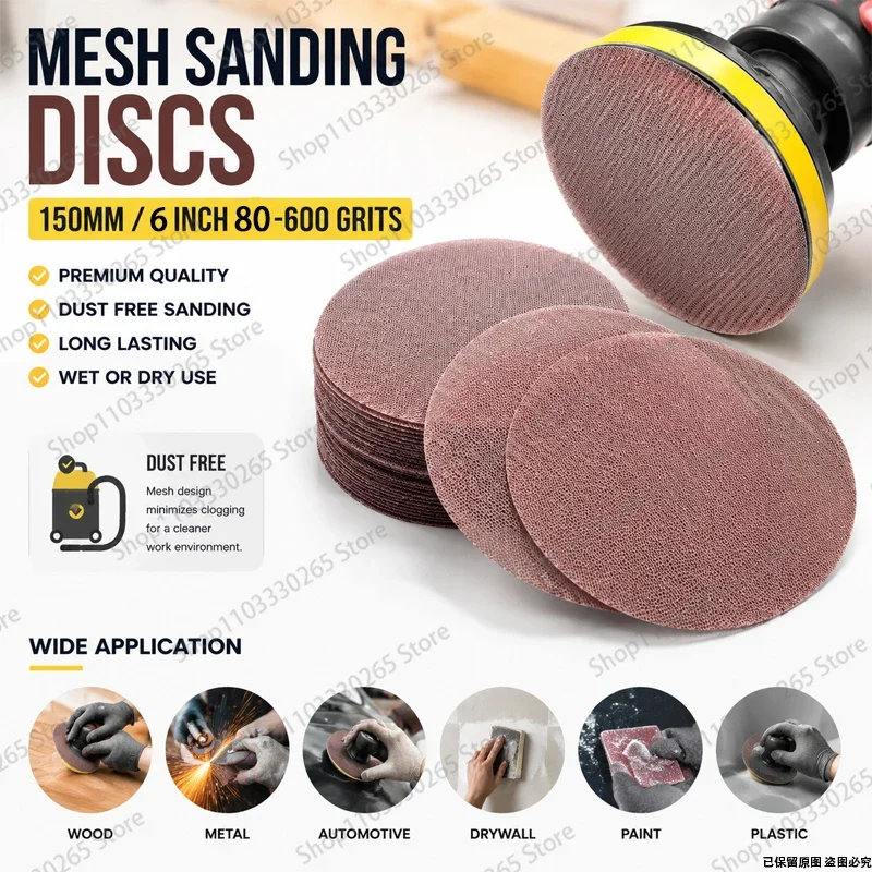 Premium 150mm Mesh Sanding Discs, Anti-Clog, Wet/Dry Use, Hook & Loop, for Woodworking, Auto & Metal Polishing