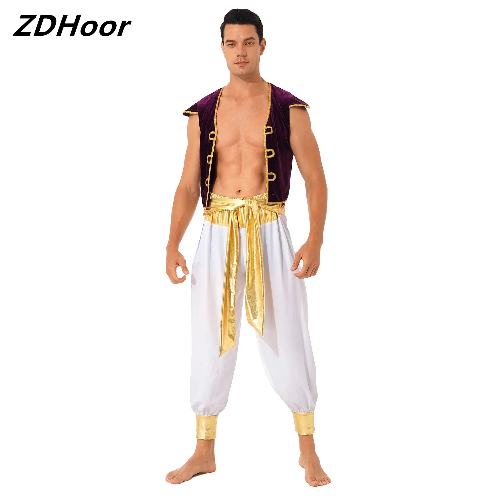 

Men Arabian Prince Role Play Costume Halloween Fancy Dress Ball Outfits Cap Sleeve Vest Waistcoat with Belted Bloomers Pants