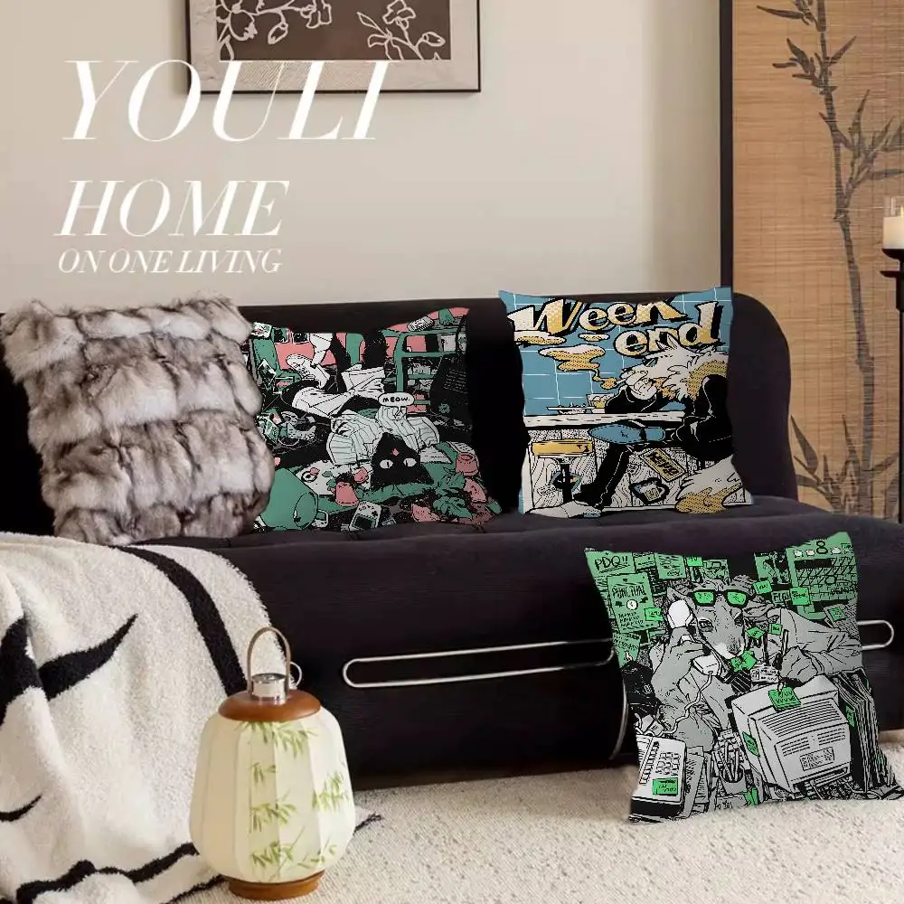 Cartoon S-SMELL N-Nagabe Furry DOG CAT Maple Design Cushion Cover Happy Autumn Harvest decor Holiday Decorati Pillow Cover