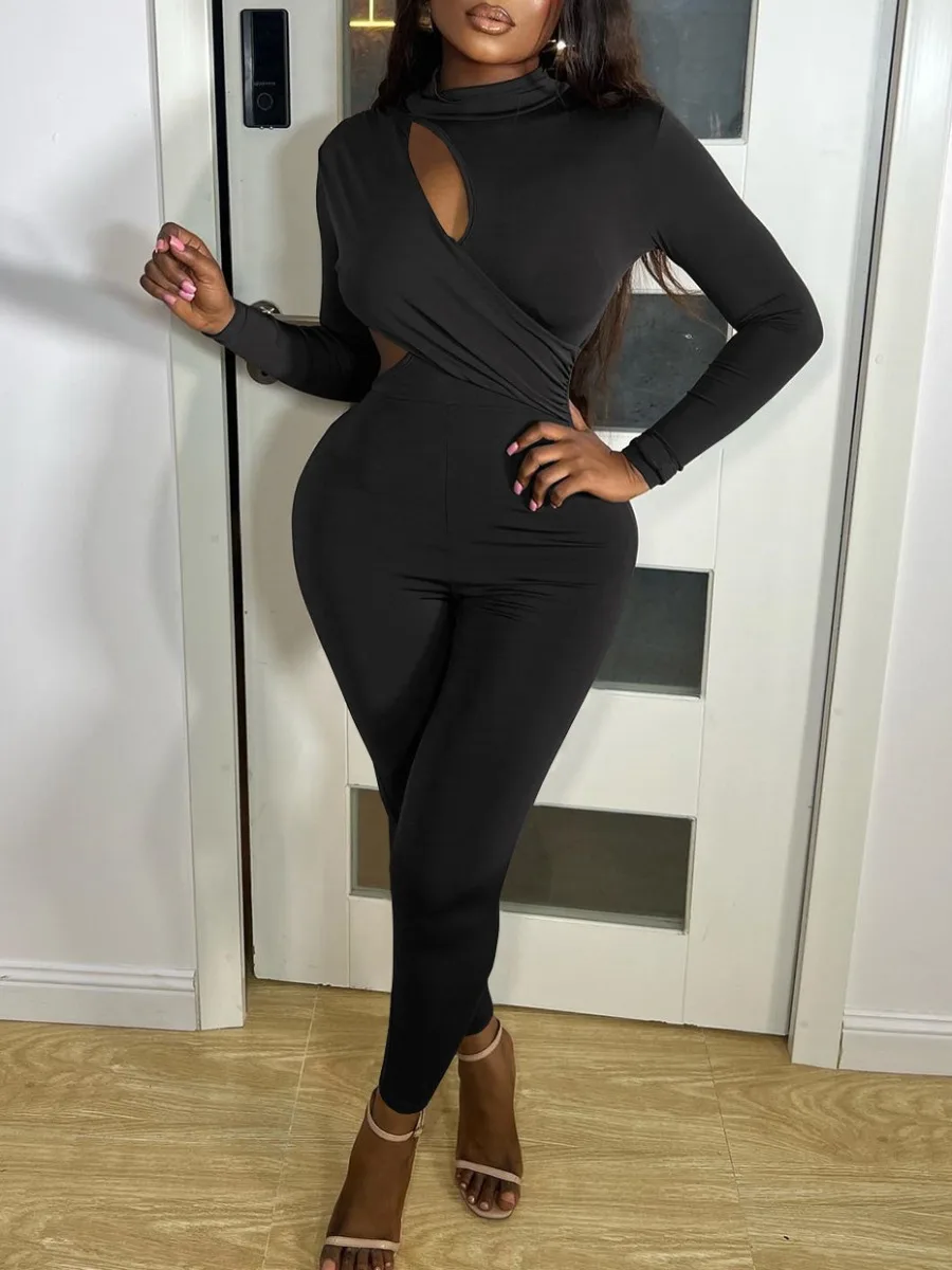 

LW Casual Solid Hollowed Out Half A Turtleneck Skinny Jumpsuits Sexy Plain Long Sleeve Fitness Bodysuits Slim Fit Long Pants