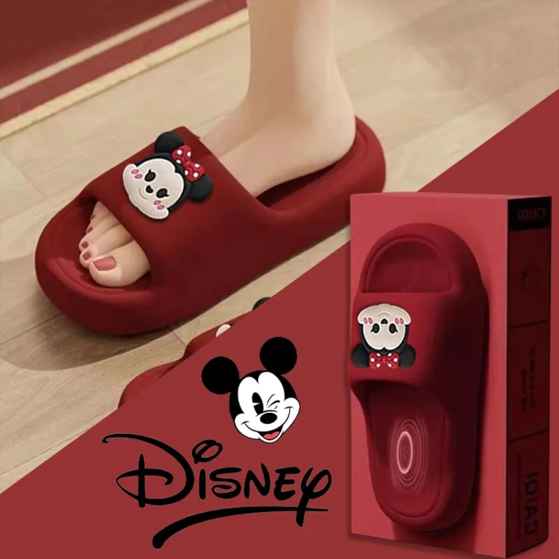 Disney Minnie Mouse Slippers EVA Women Cartoon Red Summer Outdoor Kawaii Home Thick Bottom Shoes Girls Cute Slippers Sandals