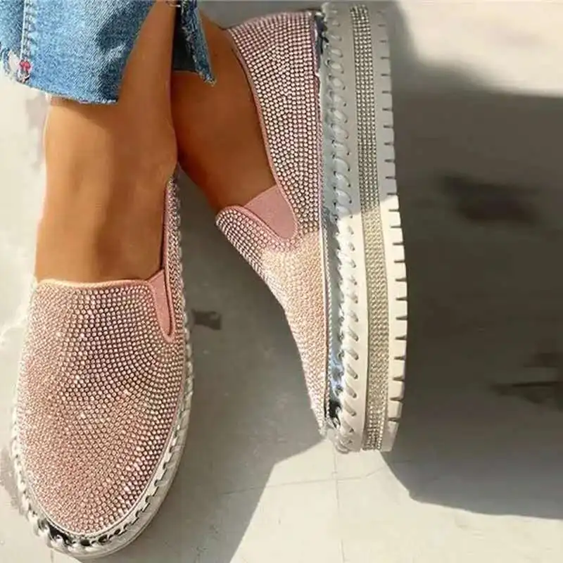 Women\'s Fashion Shoes 2024 Spring Flats Rhinestone Bling Sewing Platform Loafers Luxury Shoes Casual Comfortable Female Shoes