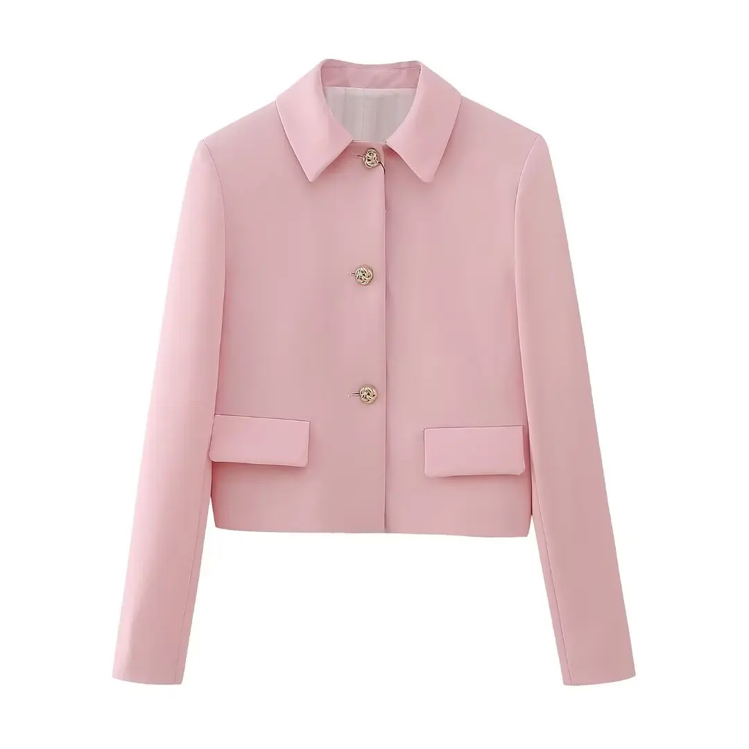 Tangada 2024 New Women Pink Crop Suit Coat Gold Buttons Long Sleeve Lady Short Blazer BE050