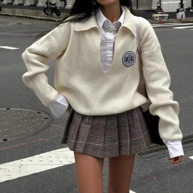 

‌American Vintage Polo Collar Sweater for Women 2026 Fall Winter Cozy Oversized Knitwear Casual Loose Fit Pullover