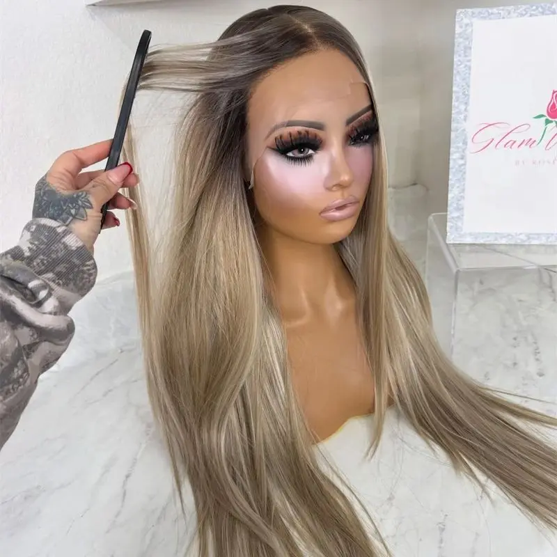 Glueless Hairline Ombre Ash Blonde Brown Highlights Synthetic HD Lace Front Wig 28 Inch Soft Long Straight Wig High Quality Wig