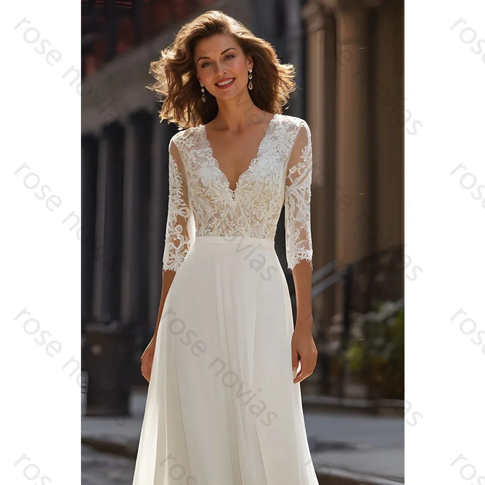 Customized Chiffon Wedding Dresses For Bride V-Neck High Quality Appliques White Bridal Cheap A-line for Floor-Length Simple
