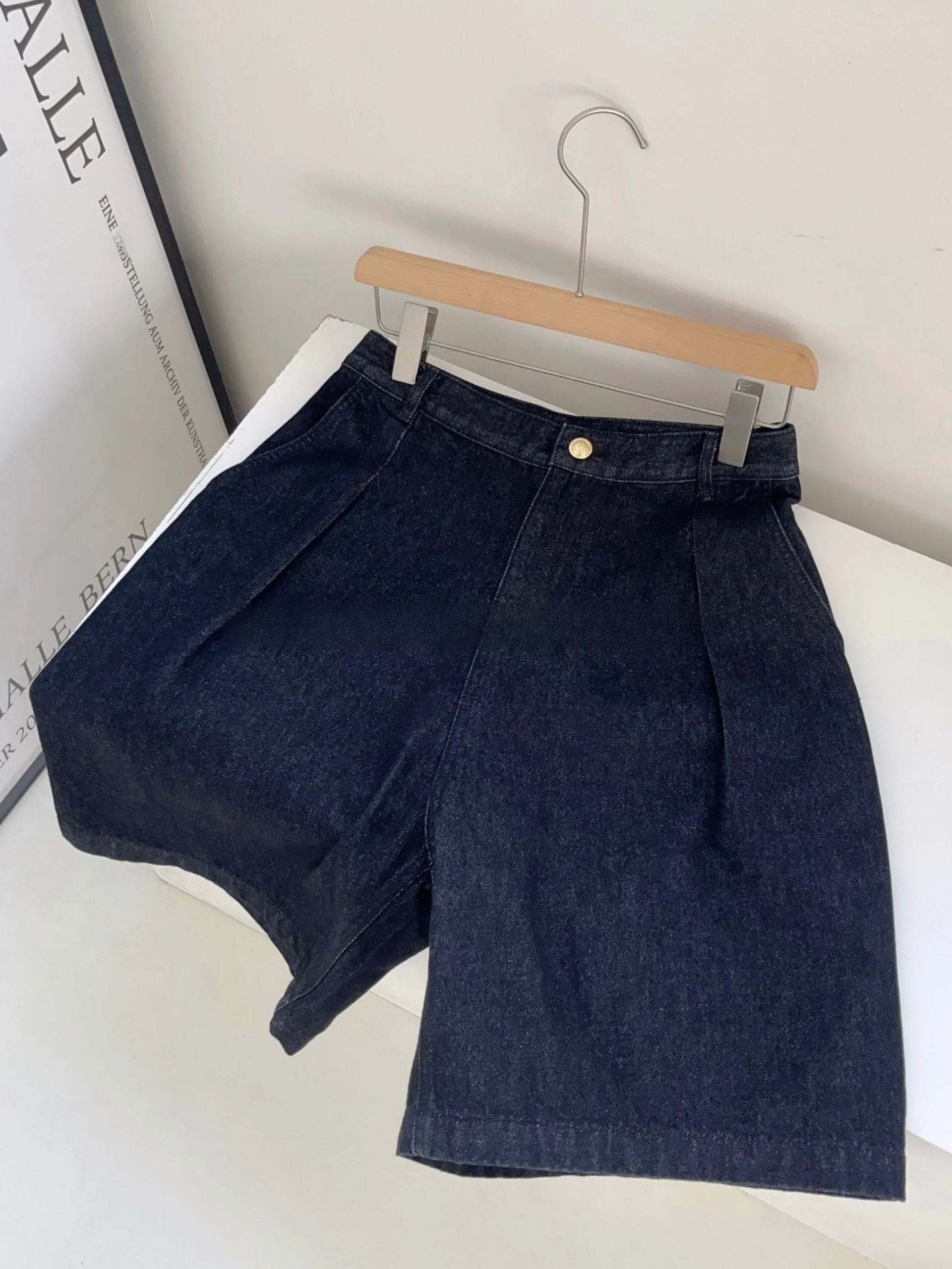 Miss Candy High Waist Wide Leg Deep Blue Casual Denim Shorts Women's High Waist Five-Quarter Length Summer Shorts