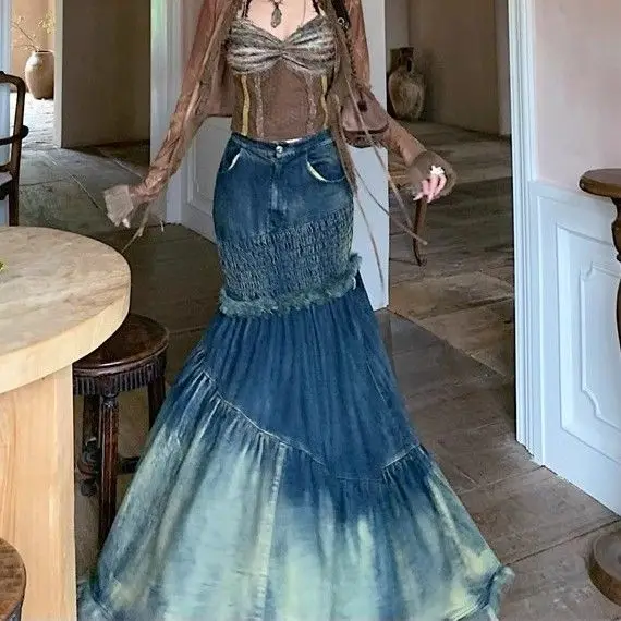 原宿トレンディなデザインシックな重工業スプライシングデニムフィッシュテールスカート女性のスリム秋 Rad ウエストバッグホットガールロングスカート