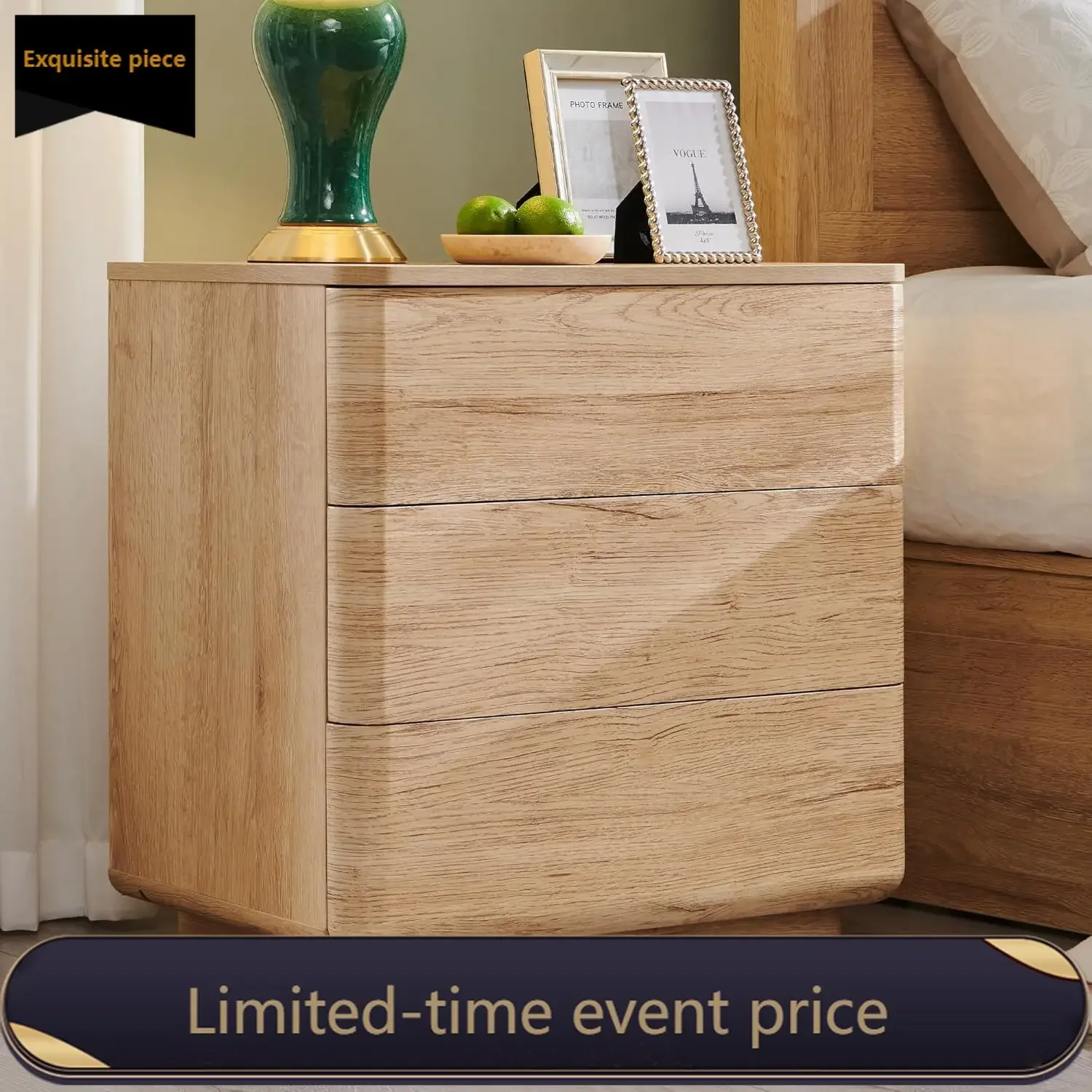 

22 Inch Natural Oak Nightstand With Charging Station Three Drawer Bedside Table Push To Open Handleless Curved Profile Large End