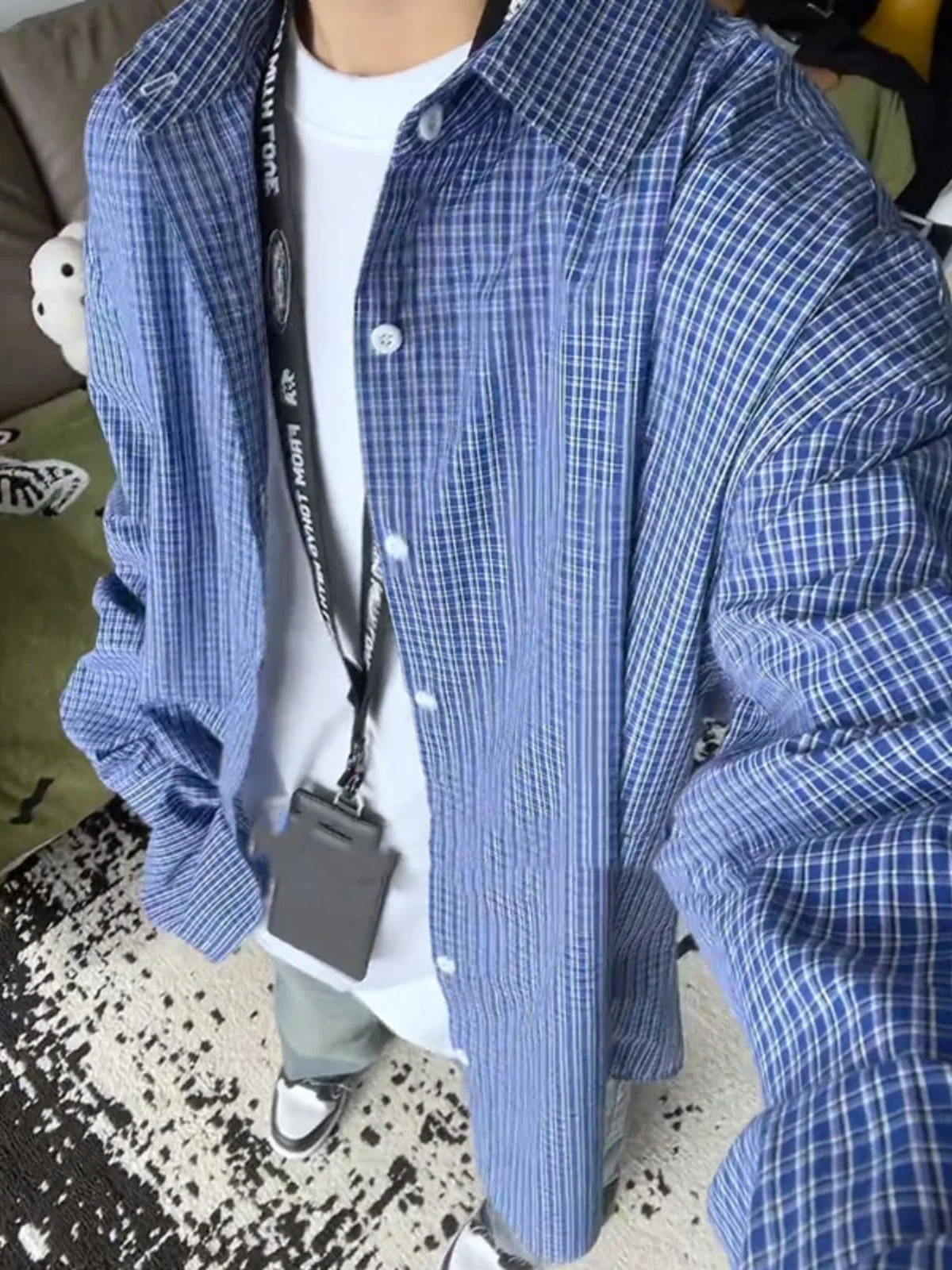 

Мужская повседневная рубашка Cleanfit с длинным рукавом в синюю клетку, в корейском стиле, с эффектом высококачественного материала, для весеннего сезона, молодежная мода