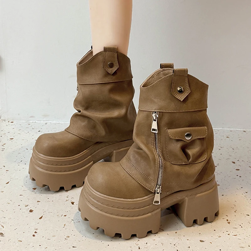 منصة عالية الكعب الأحذية النسائية مصمم أحذية من الجلد الشتاء البريدي تشيلسي أحذية بوت قصيرة 2025 الاتجاه دراجة نارية الأحذية امرأة مضخات #5