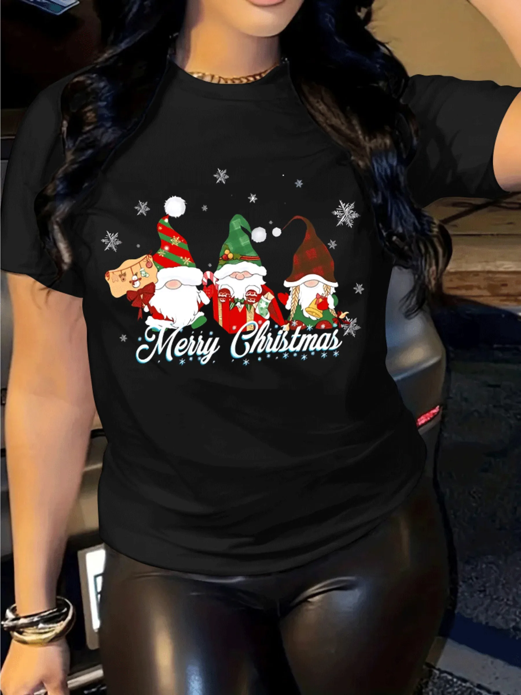 Women's Christmas Graphic Print Short Sleeve T-Shirt Casual Round Neck Tee with Santa Claus Snowflakes & Merry Christmas Design
