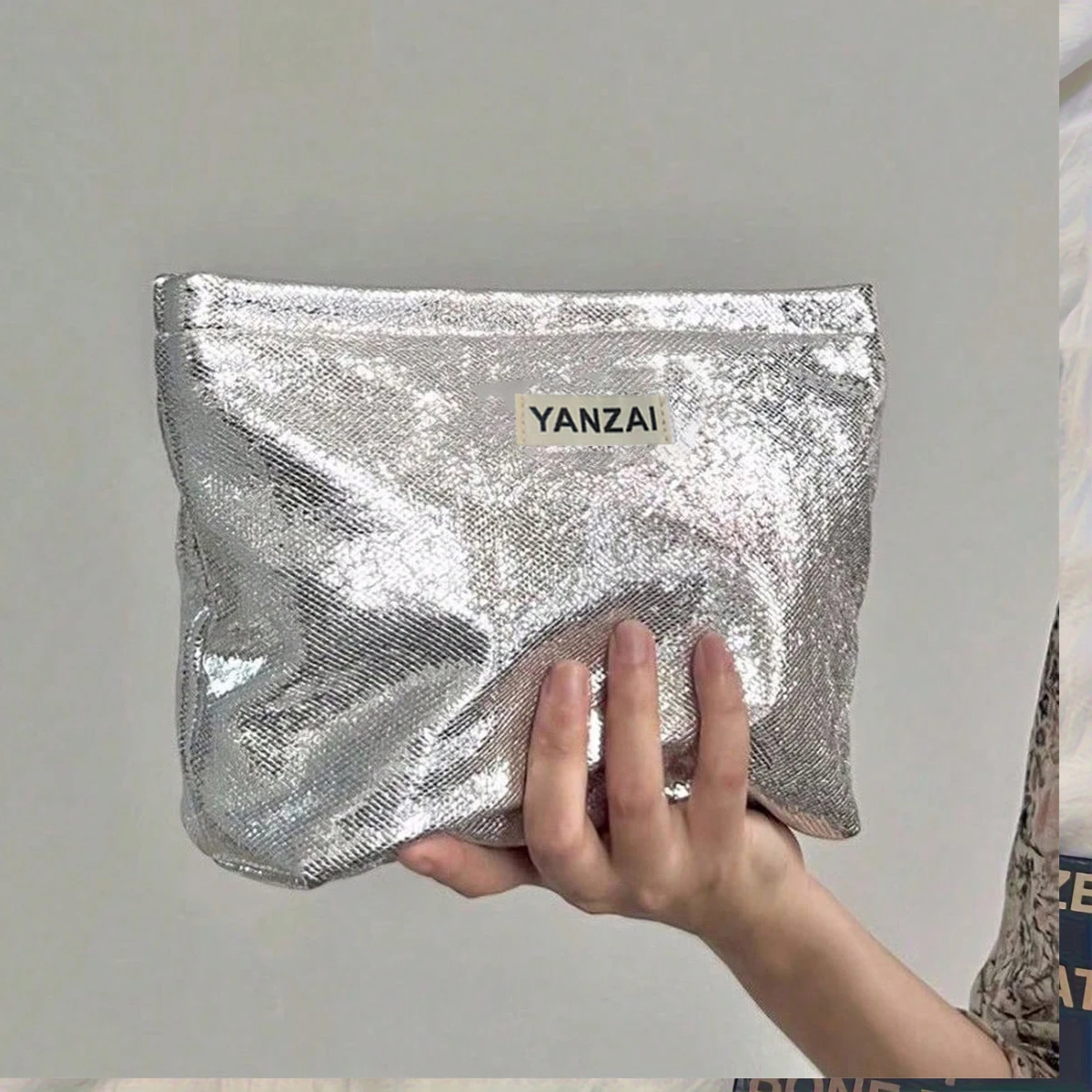 YANZAI borsa per il trucco con paillettes lucide nuova borsa per cosmetici in argento Champagne articoli da toeletta in tinta unita borsa per la