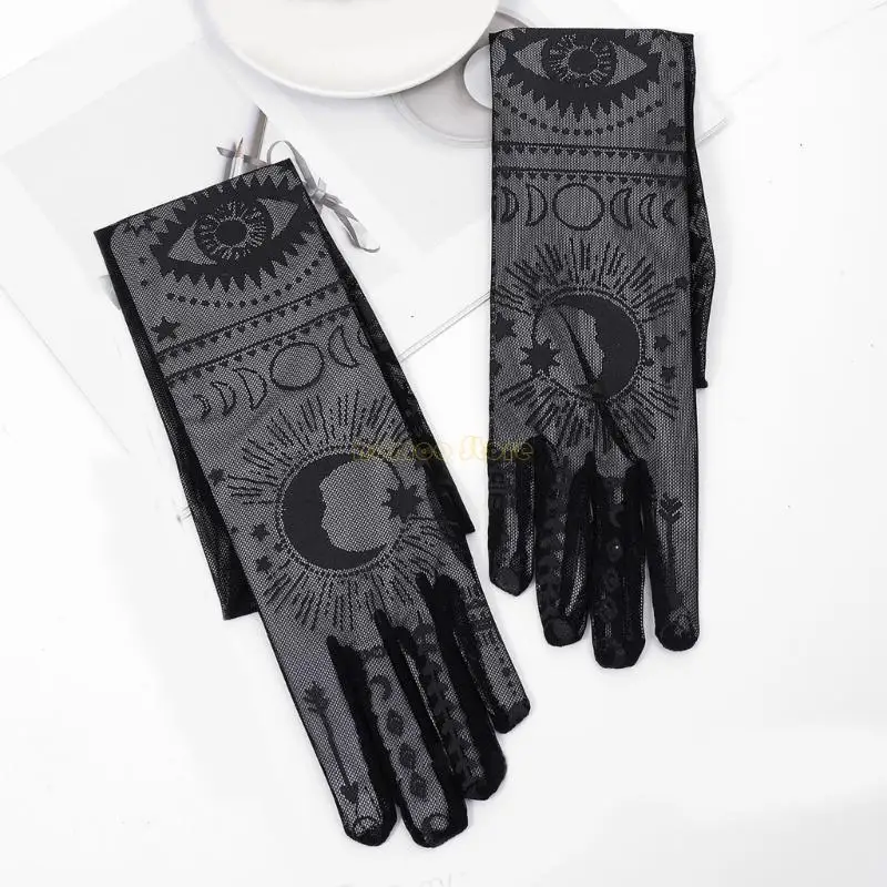 31BF elastische Langarmhandschuhe mit gotischem Muster Punkstil Frauen Sonnenschutzhandschuhe