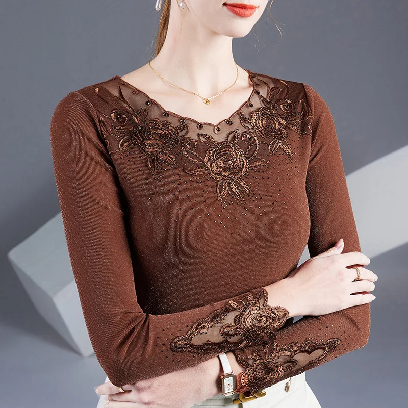 

M-5XL Loose Long Sleeved O-Neck Women's Tops Fashion Casual Embroidered Diamonds Knitted T-Shirt Solid Colir Lace Tees