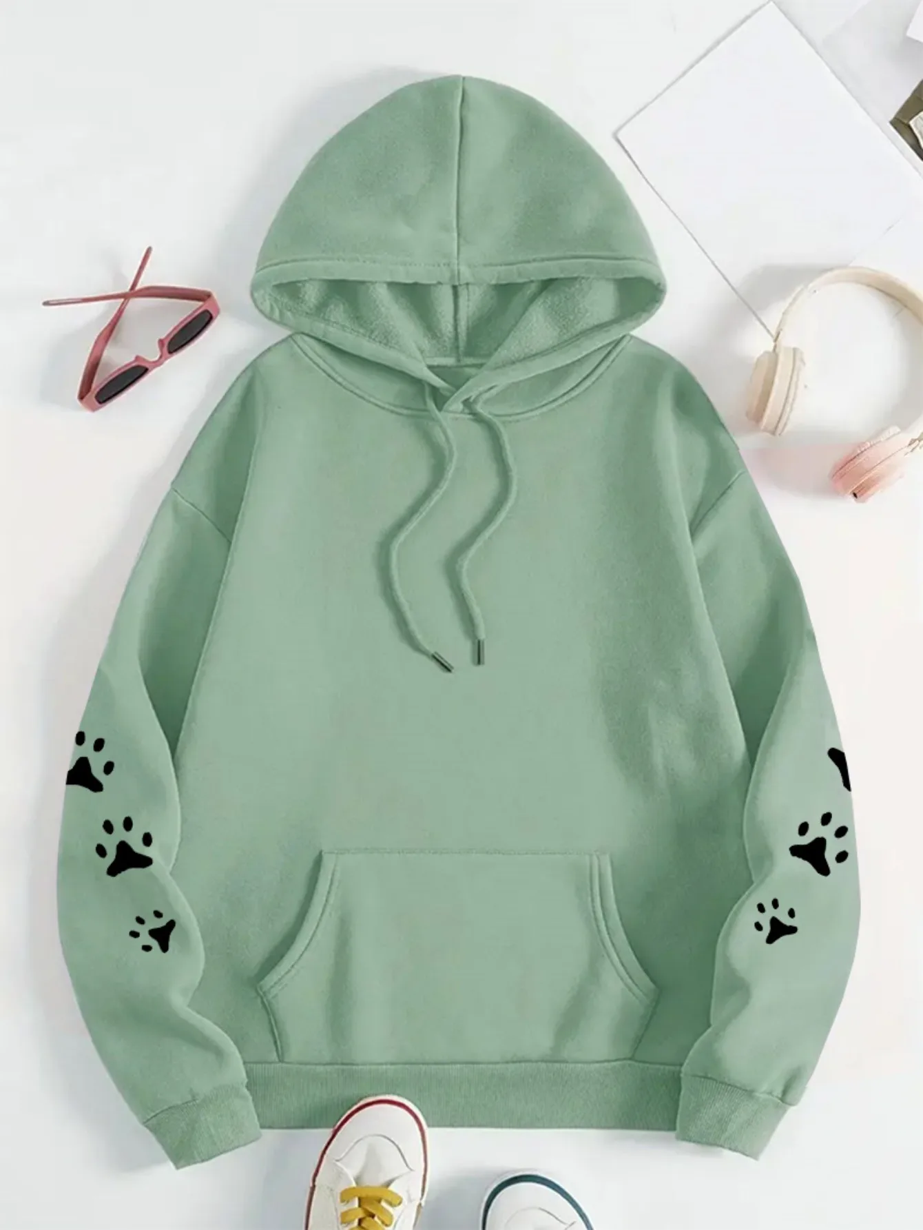 Women Cute  Puppy Hoodie Paw Print  Unisex Long Sleeve Oversized Soft Fleece Hooded Sweatshirt Casual Streetwear Pullover Tops