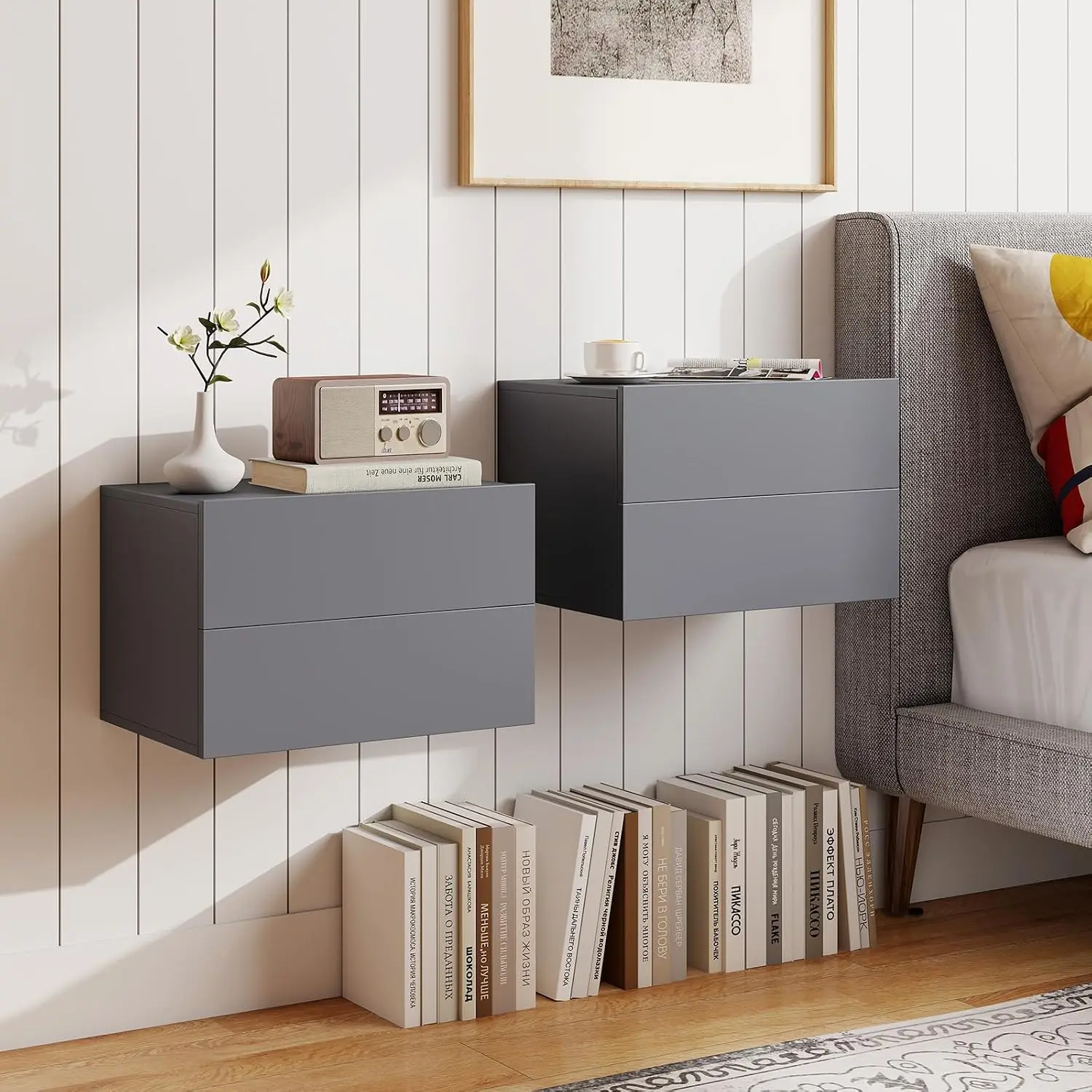 Floating Nightstand Set of 2,Wall Mounted Night Stand with 2 Storage Drawers, Modern Hanging Bedside Table End Table for Bedroom