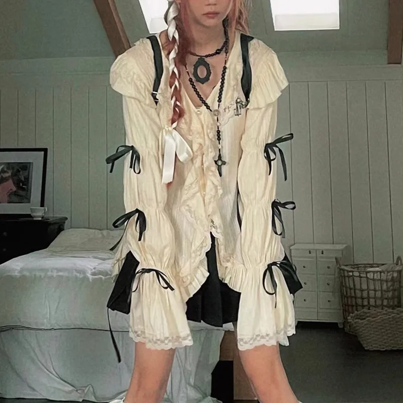 yedinas Aesthetics Lace Up Shirt Women Grunge Gothic Irregular Blouses Fairy Harajuku Bandage Vintage Lolita Clothes Goth Y2k