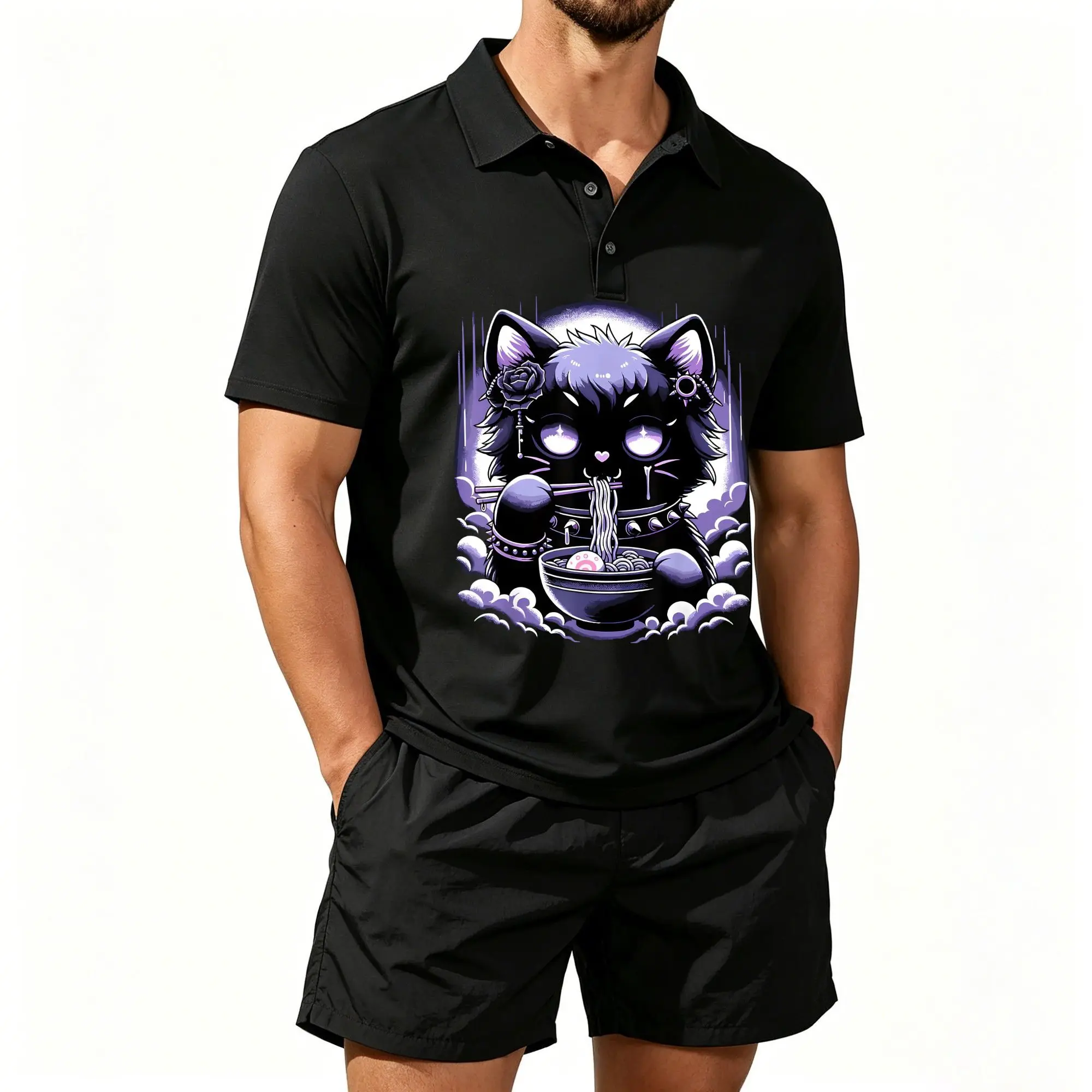 Conjunto de Dos Piezas de Shorts de Playa Tipo Polo para Hombre, Estampado de Gato Gótico Ligero y Adorable, Diseño de Gatito Comiendo Fideos al Estilo Japonés, Casual y Cómodo, Bien Ajustado