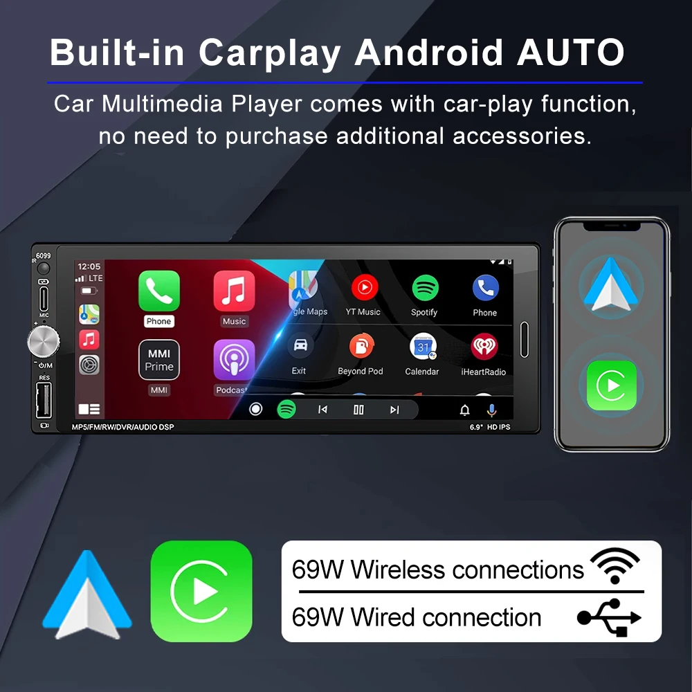 LEHX 6.9 "لاسلكي/سلكي CarPlay أندرويد السيارات العالمي 1 Din راديو السيارة الوسائط المتعددة فيديو MP5 لاعب FM ستيريو استقبال BT