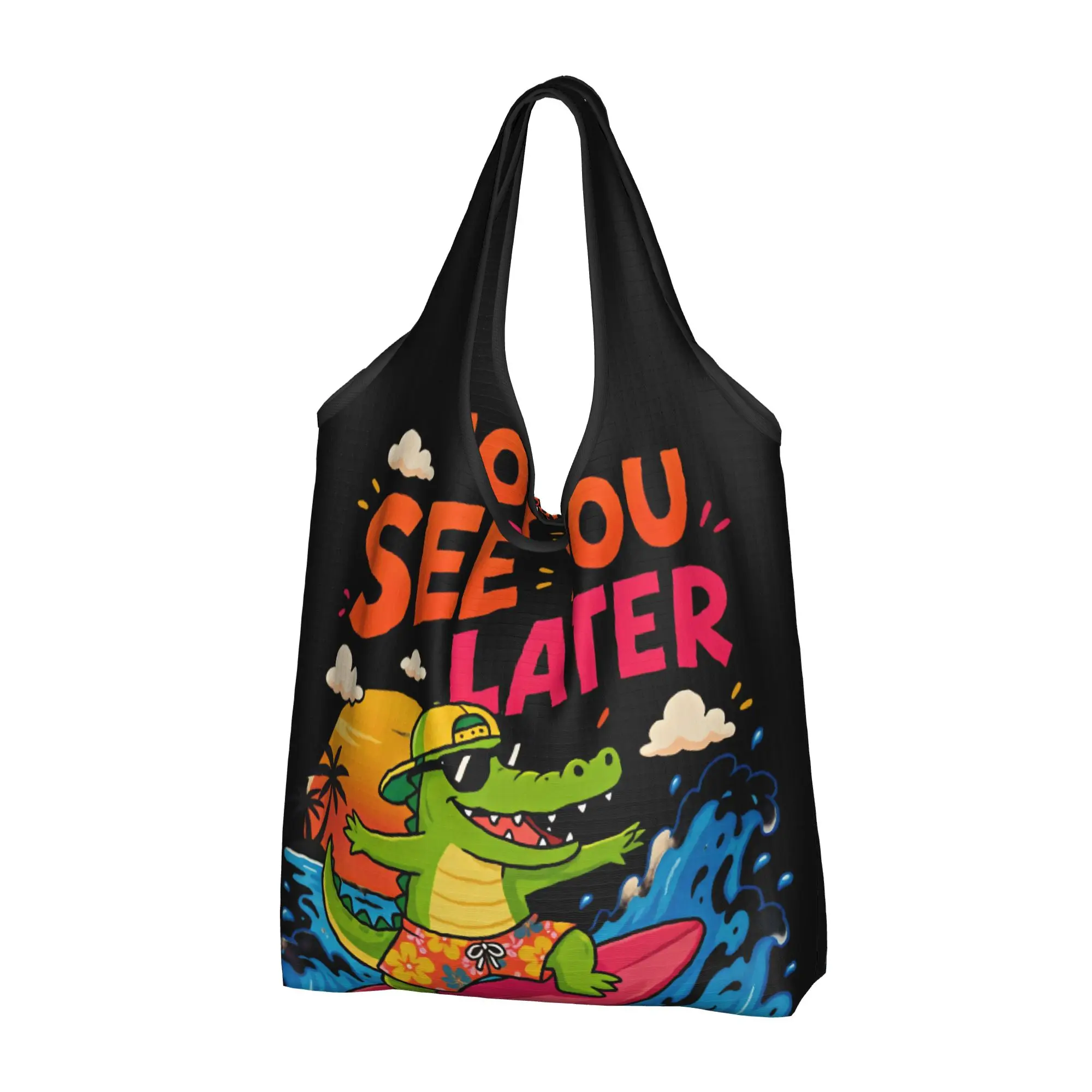 Recycling Italian Brainrot Bombardino Crocodilo Shopping Bag Women Tote Bag Portable Funny Meme Groceries Shopper Bags