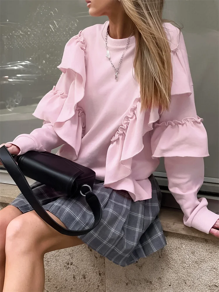 2025 Autumn Knit Ruffled Pullover Women's Patchwork Fashion Loose Solid High Waist Knitwear Sweatshirts Female Elegant Hoodies