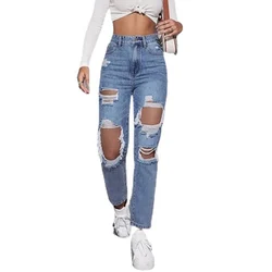 Calça jeans feminina reta oca, calça jeans de cintura alta, confortável, casual, streetwear, moda feminina, buracos quebrados