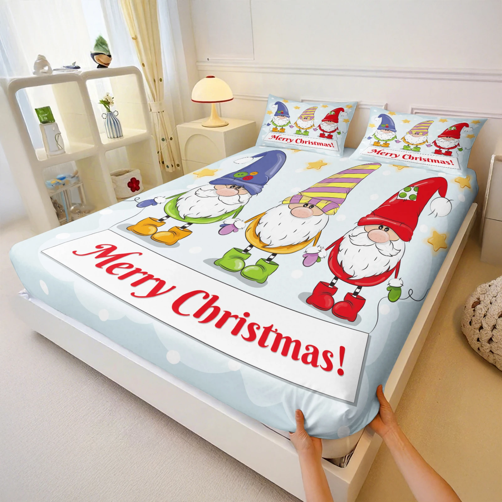Cozy Holiday Gnome Fitted Sheet With Pillowcase Set Merry Christmas Banner Print Holiday Home Bedding Decoration
