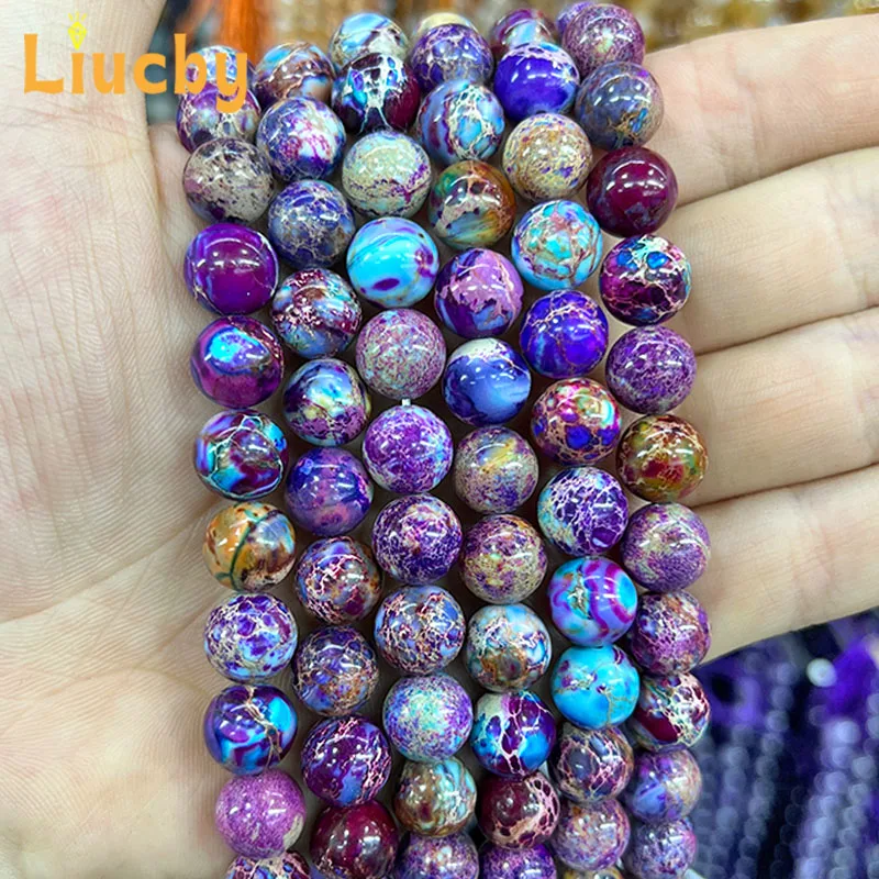 Mieszany kolor kamień naturalny wzorzysty kamień fioletowy niebieski okrągły koralik do tworzenia biżuterii DIY akcesoria bransoletka 15 "Cal 4/6/8/10mm