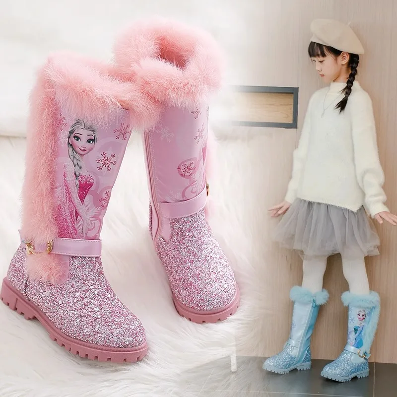 Nuovo cartone animato per ragazze Disney Frozen Boot Elsa Princess Stivali moda più scarpe per bambini in velluto