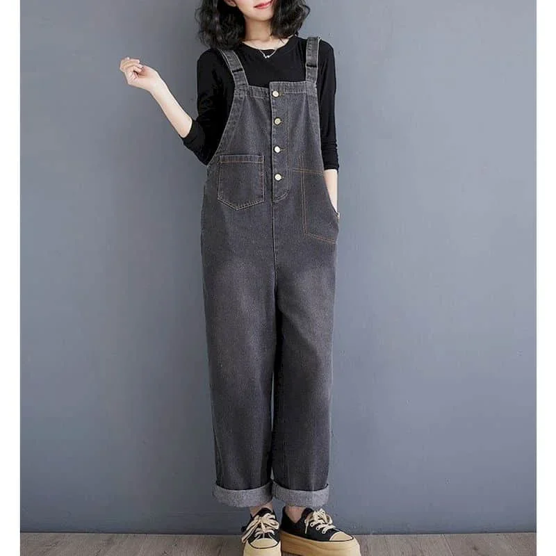 

Denim Jumpsuits for Women Solid Korean Style Harajuku Overalls One Piece Outfit Women Straight Pants Casual Vintage Playsuits