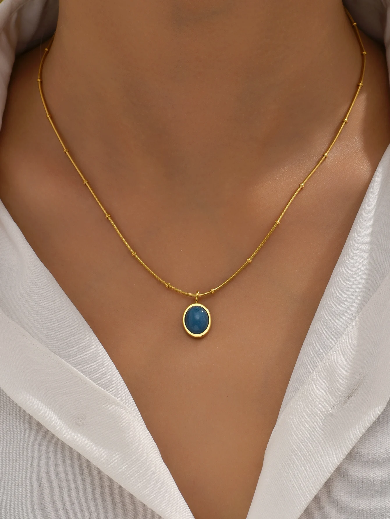

L280 Star Sea Blue Oval Aquamarine Necklace collarbone Chain stainless steel plated 18K gold