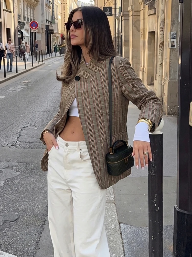 Women Vintage Plaid Blazer Stand Collar Single Button Long Sleeve Jacket Loose Pockets Lady Office Commuter Streetwear Outerwear