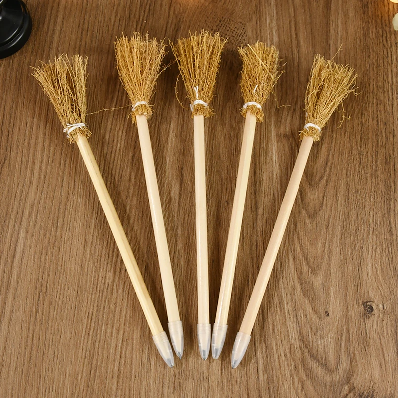 10pcs Halloween Witch Broom Pencils Kids Favors Gifts Mini Broom Halloween Party Home Dollhouse Decor Props Students Pens Prize