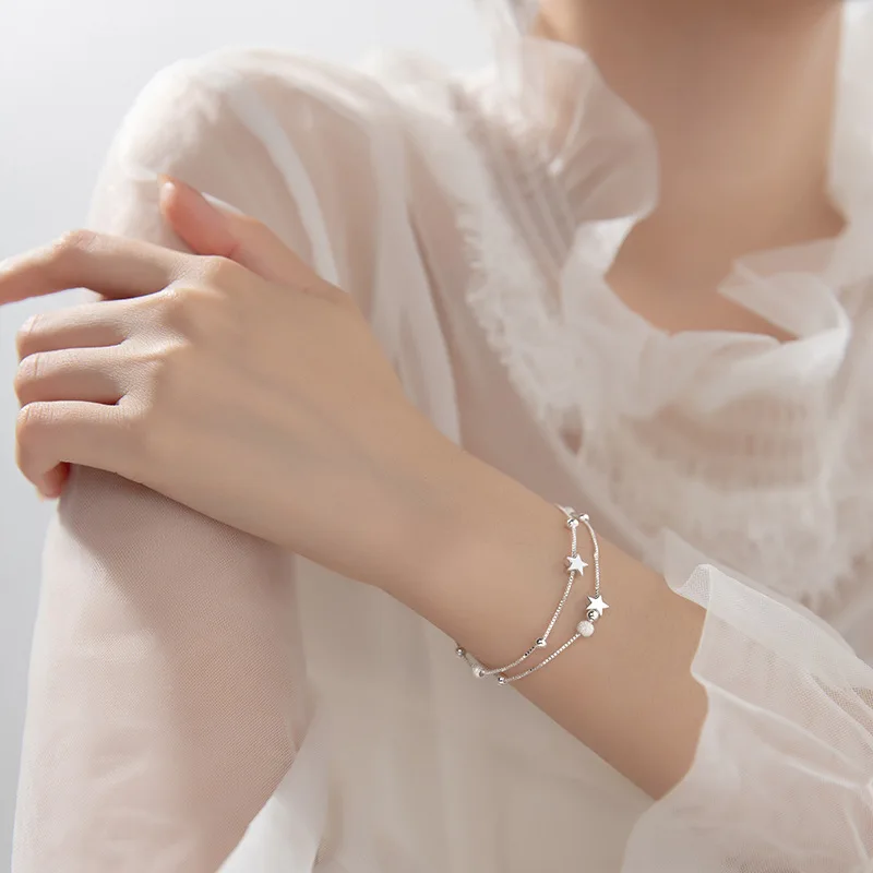 925 Sterling Silver Star Beaded Bracelets For Women Fashion Korean Double Layered Adjustable Chain Bracelet Exquisite Jewelry