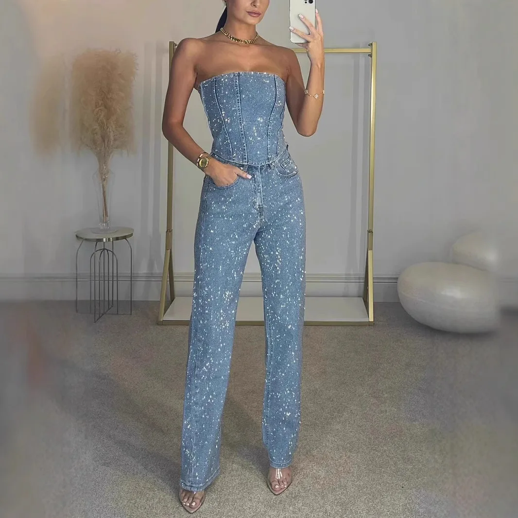 

Denim Pant Set Women Two Piece Sets Sexy Strapless Sleeveless Tops Long Pants High Waist Y2k Streetwear Elegant Work 2025
