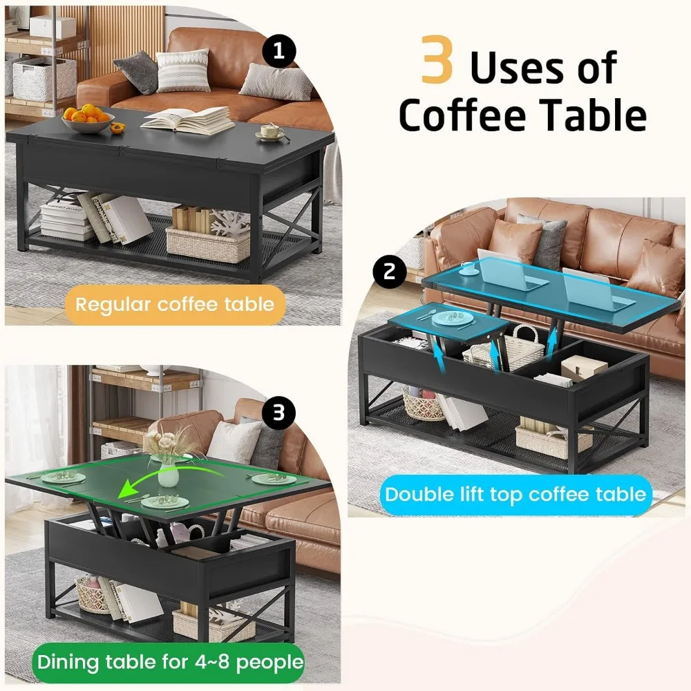 Itaar-3-in-1 Mesa de café multifunções, mesa pequena na recepção do restaurante, mesa elevatória, preto, 43"