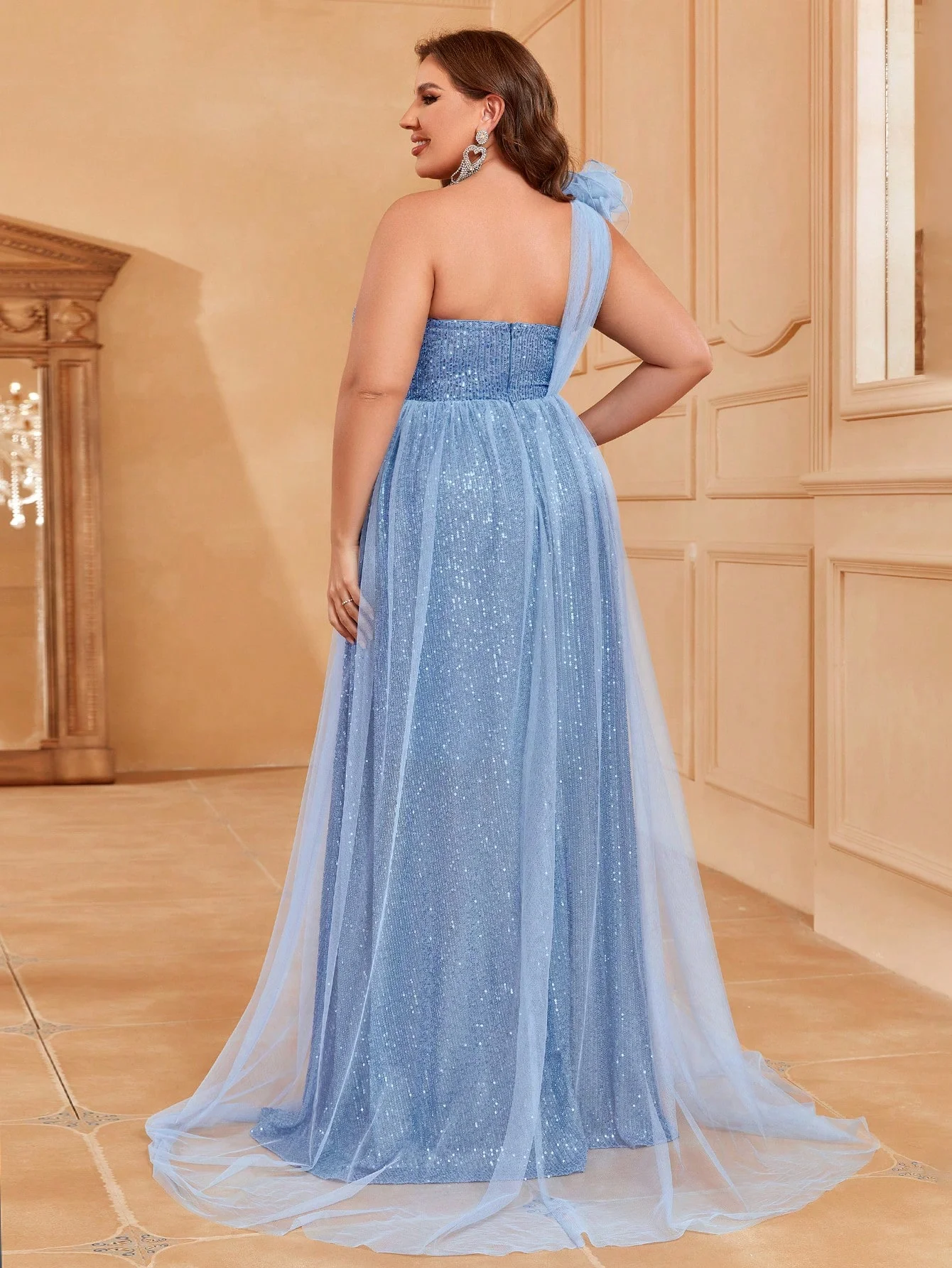 Plus One Shoulder Stereo Flower Mesh Overlay Sequin Formal Dress