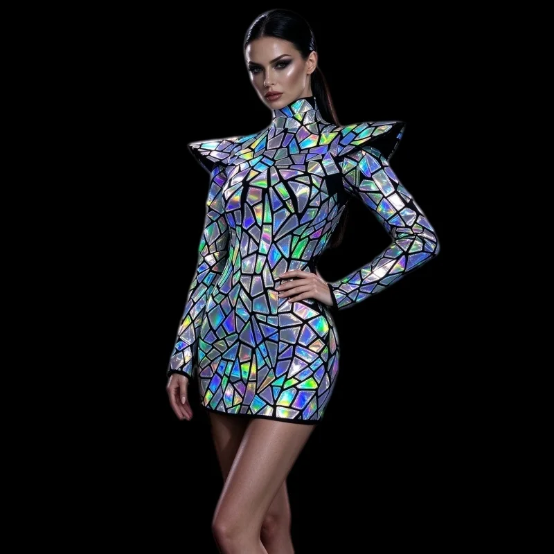 Silbernes, glänzendes, kurzes Kleid mit Laser-Effekt für Damen, Nachtclub, Gogo-Sängerin, Bühnenkostüm, Party, Show, Festival, Rave-Outfit