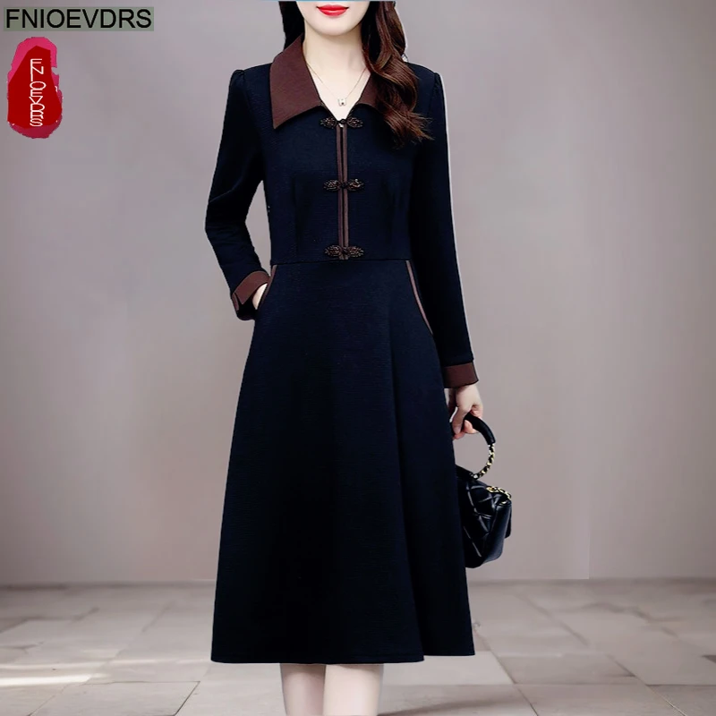 Retro vintage botão camisa vestidos outono inverno básico mulher manga longa elegante senhora do escritório bolsos sólidos vestido preto