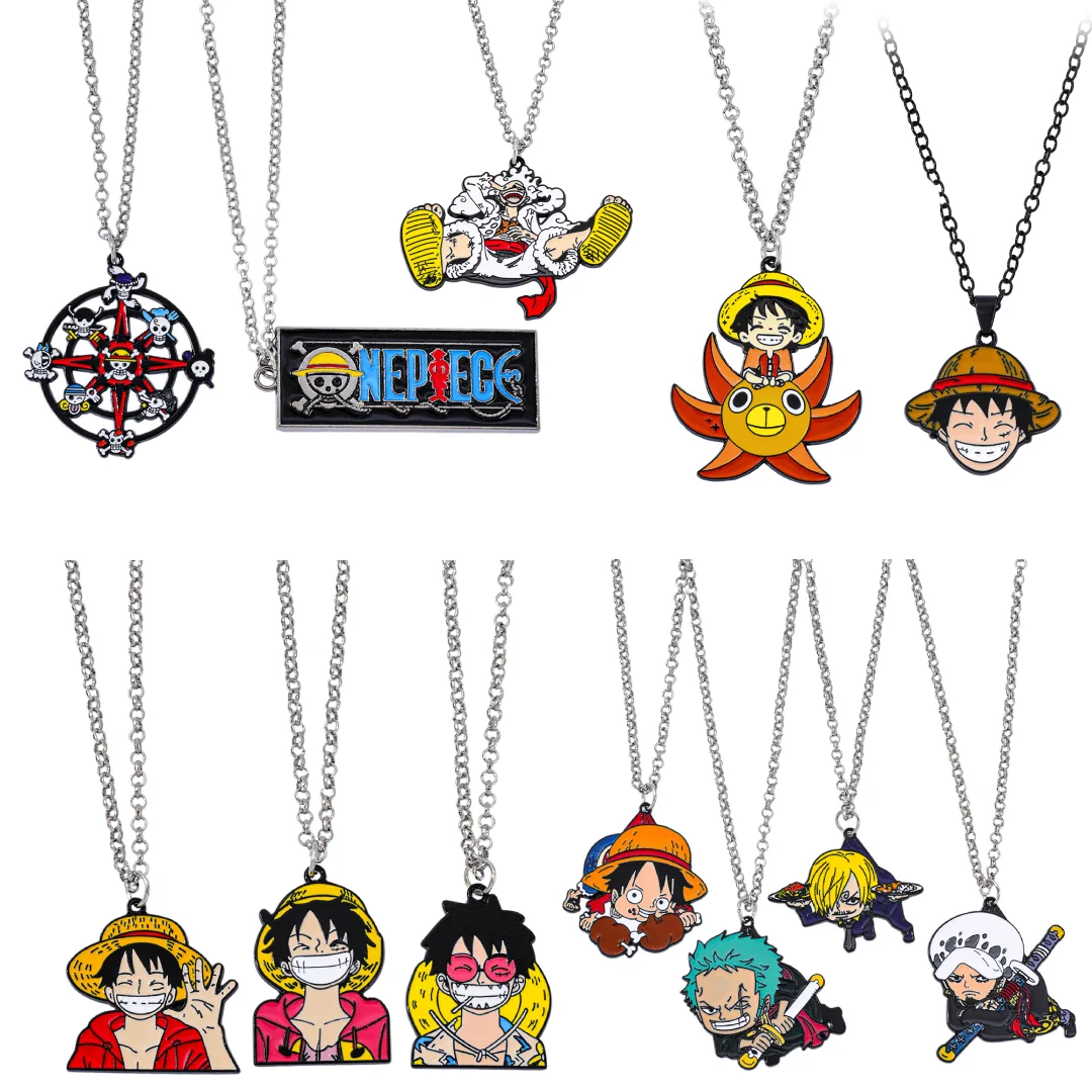 Pirate Anime Necklace - Metal Badge Pendant Choker, Skull and Anchor Cartoon Characters Luffy and Zoro Necklace