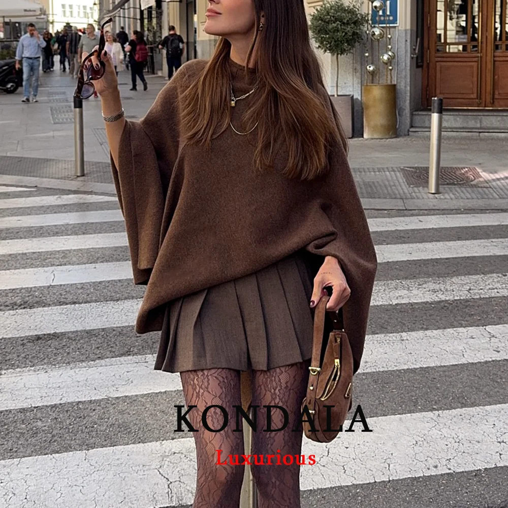 KONDALA High Street Chic Brown Women Loose Sweater O Neck Cape-style Knit Pullovers Fashion 2025 Autumn Winter Office Lady Tops