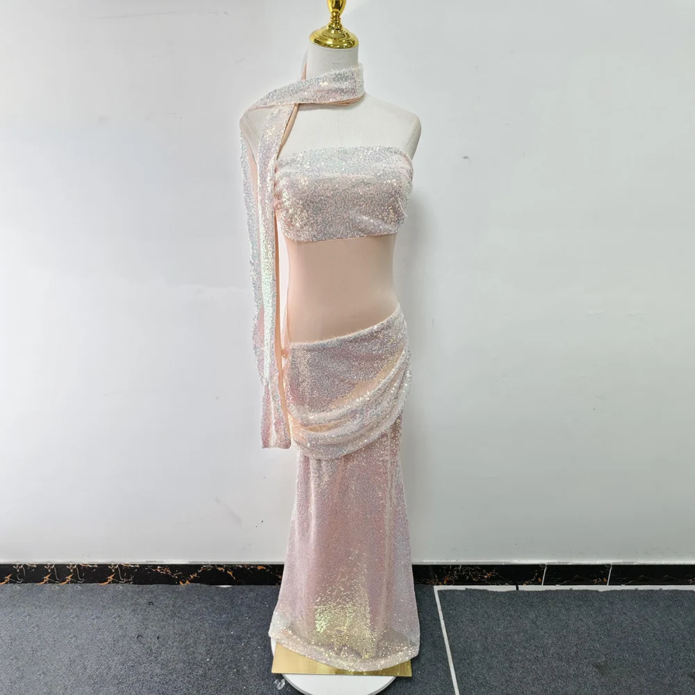 TWOTWINSTYLE, vestido de encaje empalmado de malla transparente para mujer, sin tirantes, sin mangas, cintura alta, vestido de fiesta con lentejuelas calado para mujer