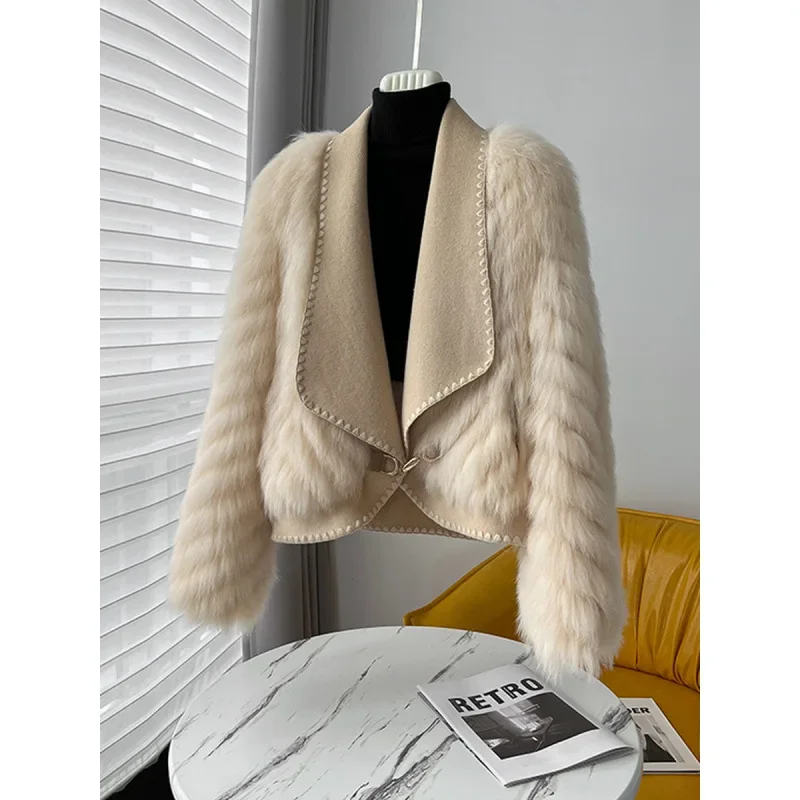 Faux Fur and Wool Reversible Coat with Fox Fur Collar Autumn Winter Fashionable Jacket Women Chic Flocking Plush Aesthetic