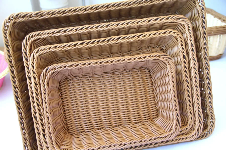 Hand-woven Rattan Wicker Basket Rectangular Storage Box Fruit Tea Snack Bread Basket Cosmetic Household Kitchen Supplies