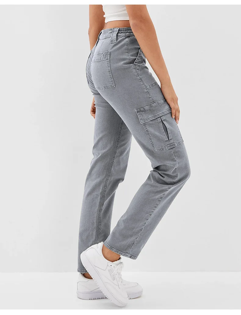 Jean multi-poches pour femmes, pantalon en Denim à jambes droites, taille moyenne, gris, mode, haute élasticité, décontracté, vêtements féminins, nouvelle collection 2023, S-2XL